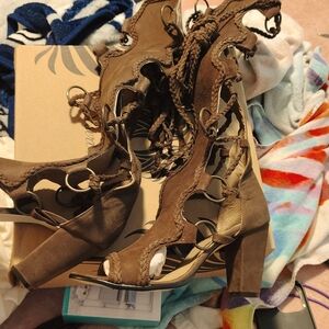 Desert angels open toe knee high lace-up rawhide leather boots